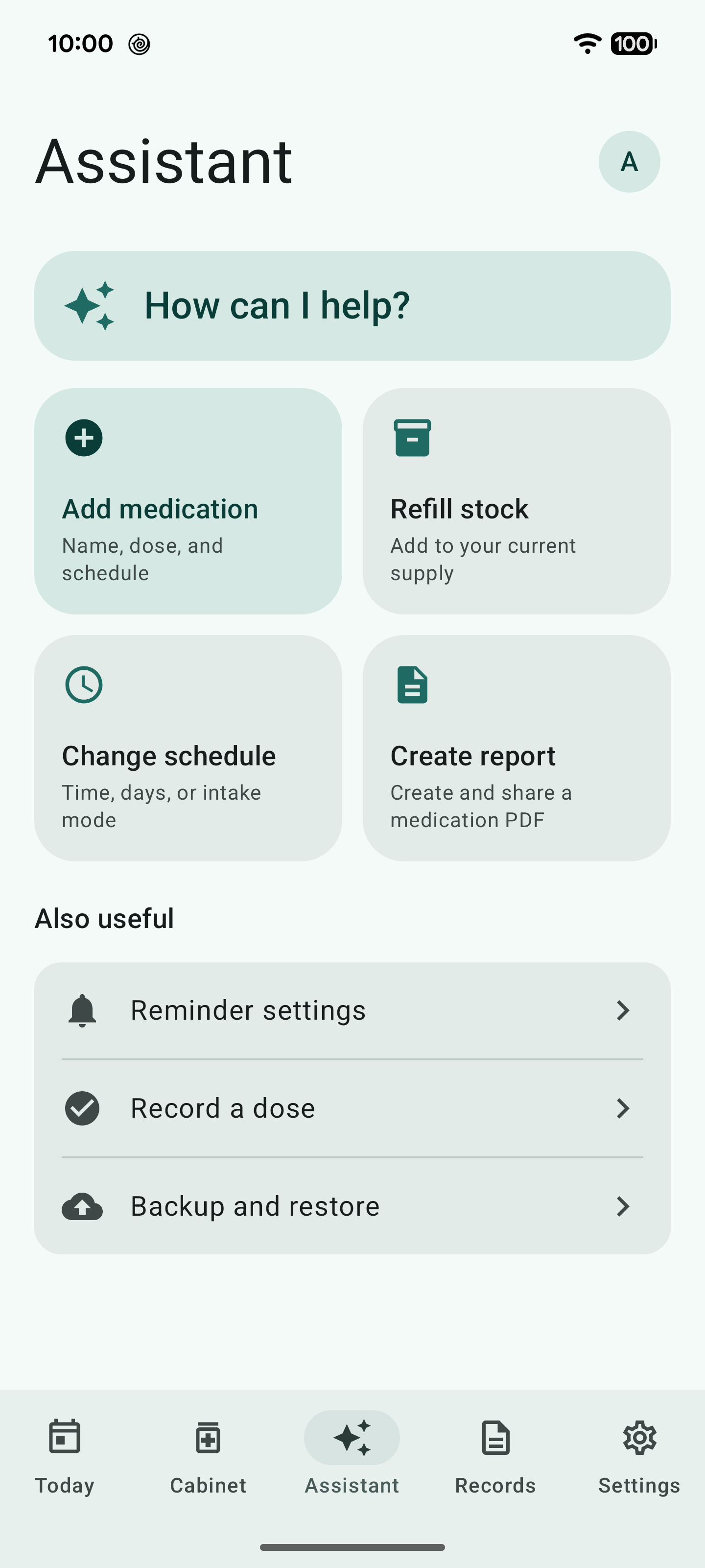 Tervi Assistant screen showing guided medication actions and help links