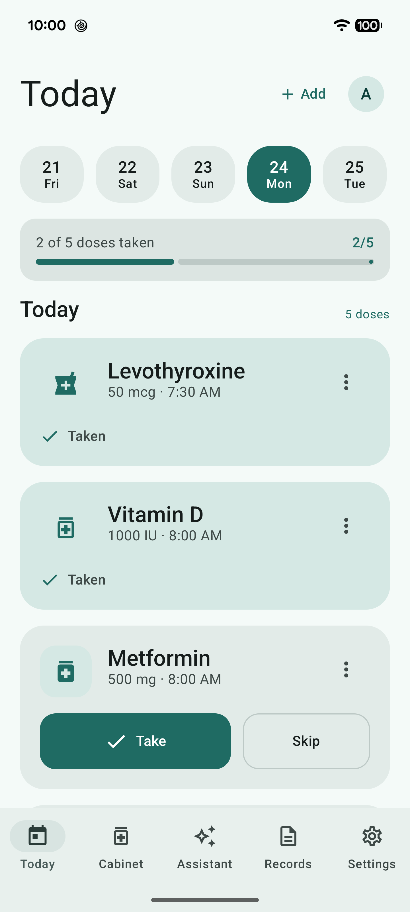 Tervi Today screen showing five scheduled doses and three completed medications